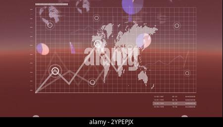 Weltkarte mit Finanzdaten und Diagrammen auf rotem Hintergrund Stockfoto
