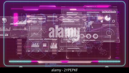 Futuristische Datenanalyse und Weltkartenbild über digitale Schnittstelle mit Diagrammen. Technologie, Innovation, Analyse, künstliche Intelligenz, KI, Machi Stockfoto