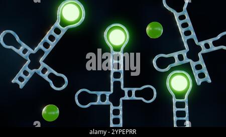 Aptamere sind so konzipiert, dass sie an den Zielanalyten binden. Ein Fluorophor, ein Molekül, das bei Anregung Licht abgibt, ist am Aptamer befestigt; 3D-Rendering Stockfoto