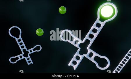 Aptamere sind so konzipiert, dass sie an den Zielanalyten binden. Ein Fluorophor, ein Molekül, das bei Anregung Licht abgibt, ist am Aptamer befestigt; 3D-Rendering Stockfoto