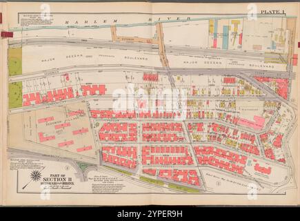 Double Page Plate No. 1, Teil von Section 11, Borough of the Bronx: [Begrenzt durch (Harlem River) Sedgwick Avenue, Cedar Avenue, W. Tremont Avenue, Andrews Avenue South, W, 176th Street, University Avenue und Washington Bridge] 1938 - 1957 Stockfoto