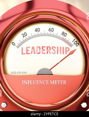 Leadership and Influence Meter, der ein volles Maß erreicht und ein sehr hohes Führungsniveau zeigt Stockfoto