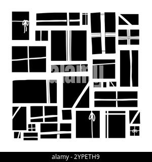 Vektorsatz mit Geschenkboxen. Weihnachtskollektion mit schwarzen Silhouetten von Geschenken. Pakete mit Bändern im Doodle-Stil für Symbole und Infografiken Stock Vektor