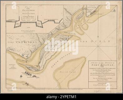 A Plan of the Attack of Fort Sulivan, nahe Charles Town in South Carolina: Durch ein Geschwader der Schiffe seiner Majestät am 28. Juni 1776, mit der Disposition der Landstreitkräfte des Königs, und den Lagern und Verankerungen der Rebellen : aus den Zeichnungen, die am Ort 1776 von Faden, William, 1749-1836 gemacht wurden Stockfoto