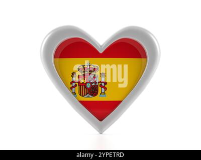 Herzförmige spanische Flagge auf weißem Hintergrund. 3D-Abbildung. Stockfoto