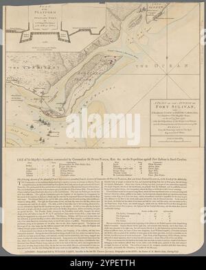 A Plan of the Attack of Fort Sulivan, nahe Charles Town in South Carolina : durch ein Geschwader der Schiffe seiner Majestät am 28. Juni 1776 : mit der Disposition der Landstreitkräfte des Königs und den Lagern und Verankerungen der Rebellen aus den Zeichnungen von 1776 Faden, William, 1749-1836 Stockfoto