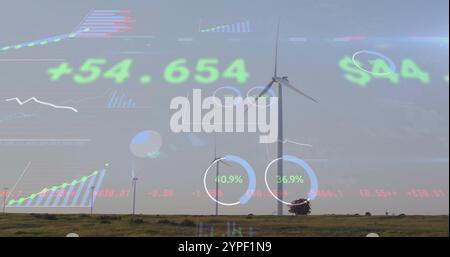 Finanzdaten und Diagramme über Windturbinen im Feld Stockfoto