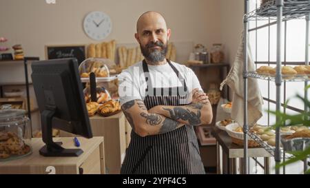 Hispanischer Mann mit Bart und Tätowierungen, selbstbewusst in einer Bäckerei mit gekreuzten Armen, umgeben von verschiedenen Backwaren auf Regalen und einer Theke, Hi Stockfoto