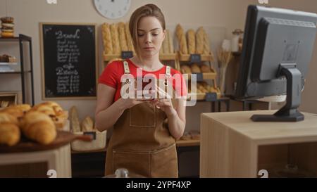 Eine junge Frau in einer Bäckerei steht hinter der Theke und sieht ihr Telefon an, umgeben von Regalen mit Brot und Gebäck. Stockfoto