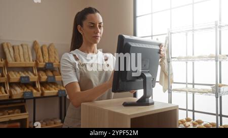 Frau, die an einer Bäckerei mit einem Computer arbeitet, umgeben von Regalen mit verschiedenen Brotlaiben und Brötchen in einem gut beleuchteten Innengeschäft Stockfoto