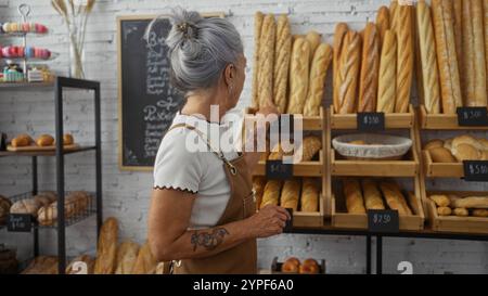 Frau mit grauen Haaren wählt Brot in einer gemütlichen Bäckerei mit einer Vielzahl von frischen Baguettes aus Stockfoto