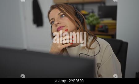 Eine nachdenkliche blonde Frau mit einem Headset, die in einer Büroumgebung sitzt, spiegelt sich in ihrem Ausdruck wider, während sie aufmerksam auf den Bildschirm blickt. Stockfoto