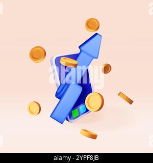 3D Growth Stock Coin Chart und Pfeil auf dem Smartphone Stock Vektor