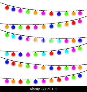 Girlande mit mehrfarbigen Glühbirnen auf weißem Hintergrund. Vektorabbildung. Stock Vektor