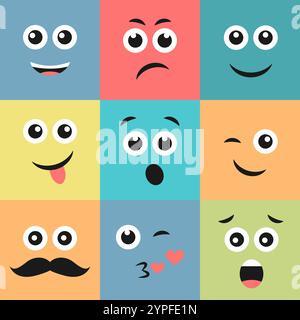 Set aus neun farbenfrohen Emoticons. Emoji-Symbol im Quadrat. Abgewickeltes Hintergrundmuster. Vektorabbildung Stock Vektor
