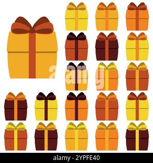 Sammlung von 20 mehrfarbigen Geschenkboxen. Vektorabbildung Stock Vektor