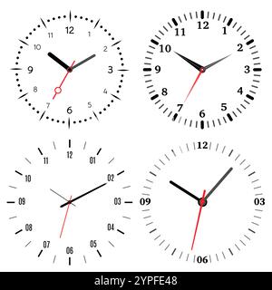 Ein Satz von vier mechanischen Uhren. Zifferblatt auf weißem Hintergrund. Stock Vektor