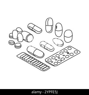 Arzneimittelpillen-Behälterzeichnung. Objekte und Elemente im Zusammenhang mit der Apotheke. Handgezeichnete Vektor-Doodle-Illustration-Sammlung. Handgezeichnetes Muster Stock Vektor