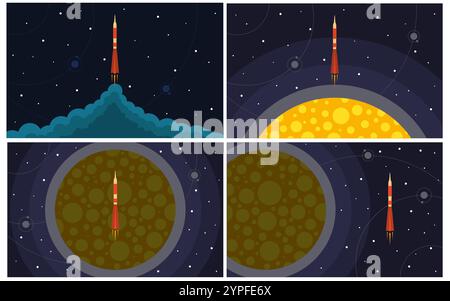 Satz von vier Vektorillustrationen mit fliegenden Raketen. Raumfahrt. Stock Vektor