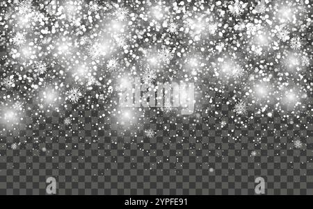 Schneefall und fallende Schneeflocken auf dunklem transparentem Hintergrund. Weiße Schneeflocken und Weihnachtsschnee. Vektorabbildung Stock Vektor