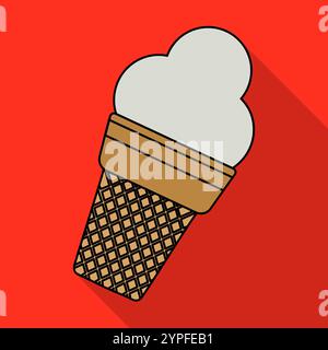 Vektor-Illustration von Eis in einer Waffelschale in flacher Art isoliert auf rotem Hintergrund mit Schatten. Vektorabbildung Stock Vektor