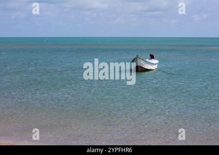 Ein Fischerboot am Ufer des Dhanushkodi Strandes vor der Kulisse einer malerischen und ruhigen Küste Stockfoto