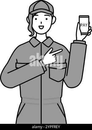 Eine Mechanikerin in Overalls, die bargeldlose Online-Zahlungen auf einem Smartphone empfiehlt, Vektor-Illustration Stock Vektor