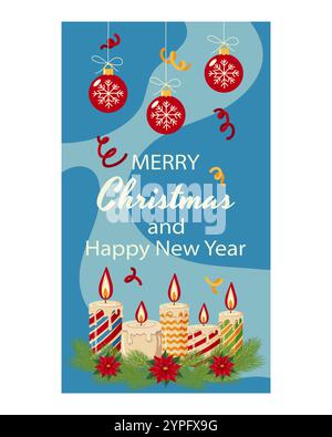 Frohe Weihnachten und Happy New Year Hintergrund für Social Media Post mit dekorativen Kerzen und roten Kugeln. Holiday Design Konzept zum Verkauf, Rahmen, Auto Stock Vektor