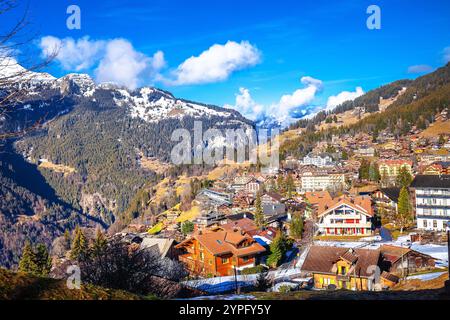 Stadt Wengen im Skigebiet Schweizer Alpen, Berner Oberland der Schweiz Stockfoto