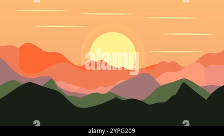 Ein ruhiges Landschaftsbild fängt einen atemberaubenden Sonnenuntergang über einer Reihe majestätischer Berge ein Stock Vektor