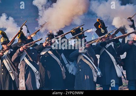 Tvarozna, Tschechische Republik. November 2024 30. Der Wiederaufbau der Schlacht bei Austerlitz (Schlacht der drei Kaiser) fand am 30. November 2024 in Tvarozna, Tschechien, statt. Quelle: Patrik Uhlir/CTK Photo/Alamy Live News Stockfoto