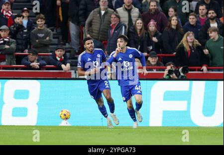 Facundo Buonanotte in Leicester City feiert das erste Tor ihrer Mannschaft während des Premier League-Spiels im Gtech Community Stadium in Brentford. Bilddatum: Samstag, 30. November 2024. Stockfoto