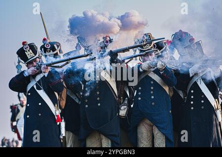 Tvarozna, Tschechische Republik. November 2024 30. Der Wiederaufbau der Schlacht bei Austerlitz (Schlacht der drei Kaiser) fand am 30. November 2024 in Tvarozna, Tschechien, statt. Quelle: Patrik Uhlir/CTK Photo/Alamy Live News Stockfoto