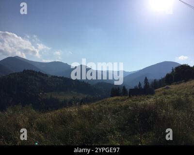 Üppige grüne Hügel erstrecken sich über den Vordergrund, während majestätische Berge im Hintergrund unter einem klaren blauen Himmel mit flauschigen Wolken aufsteigen. Sunli Stockfoto