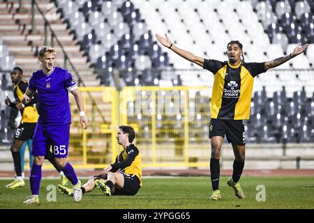 Brüssel, Belgien November 2024 30. Lierse's Bryan Adinany reagiert auf ein Fußballspiel zwischen RSCA Futures (U21) und Lierse SK am Samstag, den 30. November 2024 in Brüssel, am 13. Tag der zweiten Liga der Challenger Pro League 2024-2025. BELGA FOTO TOM GOYVAERTS Credit: Belga Nachrichtenagentur/Alamy Live News Stockfoto