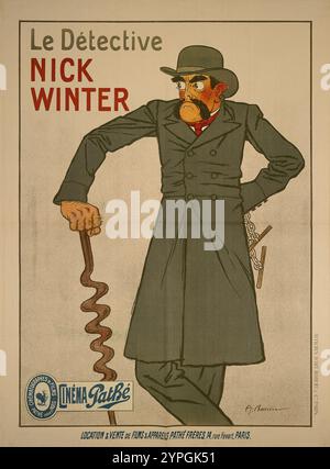 Französisches Vintage-Filmplakat: Le Détective NICK WINTER; CINÉMA Pathé von Adrien Barrère, 1910 Stockfoto