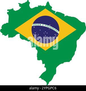 Übersicht der Karte Brasiliens auf dem Hintergrund der Nationalflagge Stock Vektor