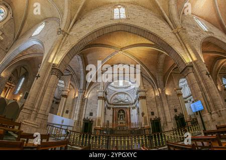 VALENCIA, SPANIEN - 28. MÄRZ 2022: Innere der Kathedrale von Valencia, Marienkathedrale, römisch-katholische Kirche im valencianischen gotischen Stil Stockfoto