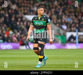 Northampton, Großbritannien. November 2024 30. Juarno Augustus blickt während des Spiels zwischen Northampton Saints und Gloucester Rugby im Cinch Stadium Franklin's Gardens auf. Northampton Großbritannien. Quelle: PATRICK ANTHONISZ/Alamy Live News Stockfoto