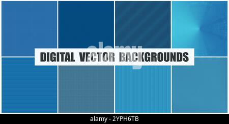 Kollektion aus nahtlos gestreiften, geometrischen, blauen digitalen Mustern. Kreative Technologie-Hintergründe mit Linien- und Rundungsstrukturen. Minimalistische Drucke Stock Vektor
