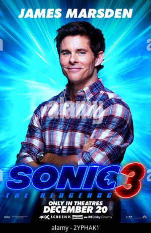 Sonic the Hedgehog 3 (2024) von Jeff Fowler mit James Marsden als Tom Wachowski. Sonic, Knuckles und Tails vereinen sich gegen einen mächtigen neuen Gegner, Shadow, einen mysteriösen Bösewicht mit Kräften, die sie bisher nicht erlebt haben. Poster mit US-Zeichen **NUR FÜR REDAKTIONELLE ZWECKE***. Quelle: BFA / Paramount Pictures Stockfoto