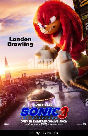 Sonic the Hedgehog 3 (2024) von Jeff Fowler mit Ben Schwartz, Colleen O’Shaughnessey und Idris Elba. Sonic, Knuckles und Tails vereinen sich gegen einen mächtigen neuen Gegner, Shadow, einen mysteriösen Bösewicht mit Kräften, die sie bisher nicht erlebt haben. US Advance Poster ***NUR FÜR REDAKTIONELLE ZWECKE***. Quelle: BFA / Paramount Pictures Stockfoto