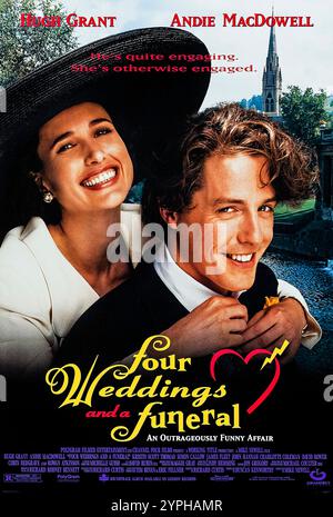 Four Weddings and a Beeral (1994) von Mike Newell mit Hugh Grant, Andie MacDowell und Kristin Scott Thomas. Ein charmanter Engländer verliebt sich bei fünf gesellschaftlichen Anlässen in eine Amerikanerin, während seine Gruppe von Freunden ihre eigenen romantischen Verstrickungen durchsucht. Foto eines Original-Posters aus dem Jahr 1994 (USA), das NUR FÜR REDAKTIONELLE ZWECKE VERWENDET WIRD. Quelle: BFA / Gramercy Pictures Stockfoto