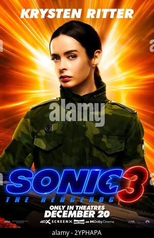 Sonic the Hedgehog 3 (2024) von Jeff Fowler mit Krysten Ritter als Regisseur Rockwell. Sonic, Knuckles und Tails vereinen sich gegen einen mächtigen neuen Gegner, Shadow, einen mysteriösen Bösewicht mit Kräften, die sie bisher nicht erlebt haben. Poster mit US-Zeichen **NUR FÜR REDAKTIONELLE ZWECKE***. Quelle: BFA / Paramount Pictures Stockfoto