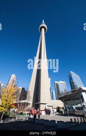 Blick auf den CN Tower auf dem Brenner Boulevard in der Innenstadt von Toronto, Ontario, Kanada Stockfoto