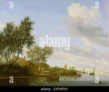 Flusslandschaft mit einer Fähre. Salomon van Ruysdael. 1656. Stockfoto