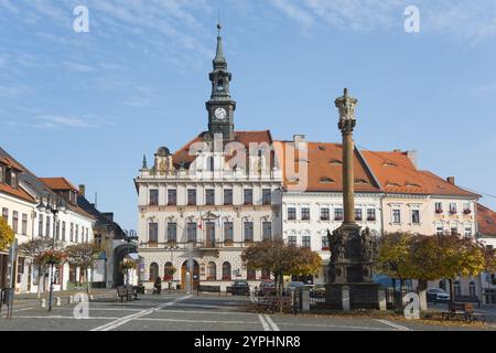 Rathaus mit Glockenturm auf dem Marktplatz im barocken Stil bei sonnigem Wetter, Rathaus und Pestsäule der Heiligen Dreifaltigkeit, ceska Li Stockfoto