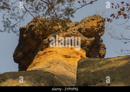 Nahaufnahme einer hellen orangen Felsformation mit Bäumen und blauem Himmel, Kokorinske poklicky Felsformation, Kokorinsky dul Naturschutzgebiet, Sandstein für Stockfoto