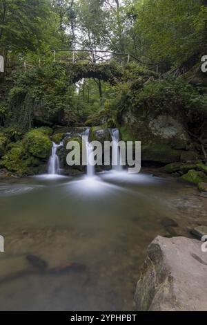 Kaskadenteich, Wasserfall unter einer kleinen Fußgängerbrücke, Müllerthal Trail, Waldbillig, Luxemburg, Europa Stockfoto