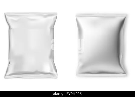 Kunststoff-Lebensmittelbeutel-Vektor-Rohling. Illustration zum Design des Snackpakets. Kartoffelchips Folienkissenbeutel. Glänzende rechteckige Verpackung für Suppe oder Schokolade, mit m Stock Vektor
